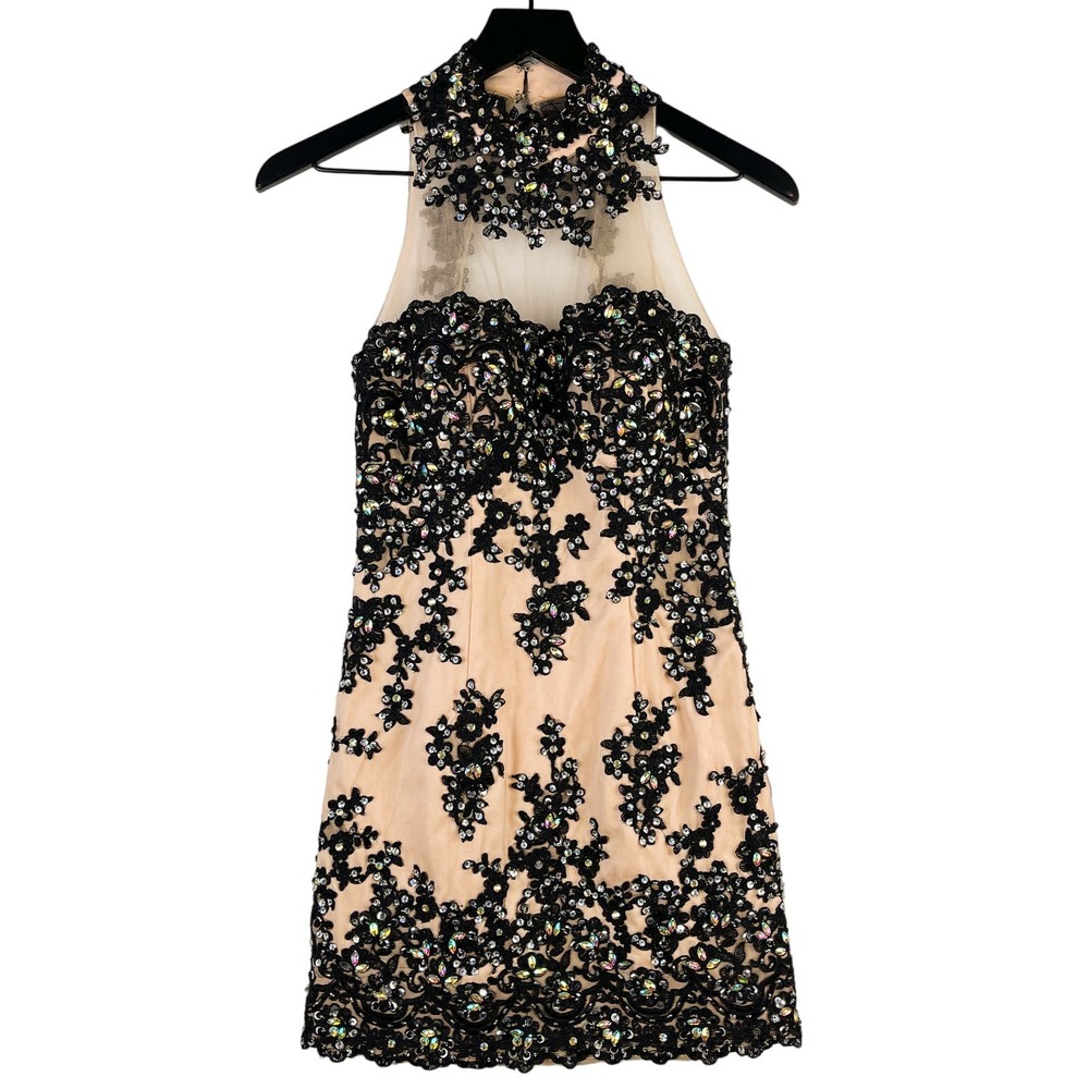 Blush Prom by Alexia (6) Sequins Halter Sheer Mini Bodycon Dress Nude Black